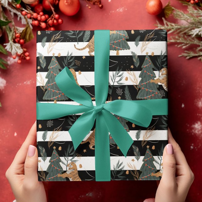 Papier Cadeau Arbres de Noël & tigres Blancs noirs (Créateur téléchargé)