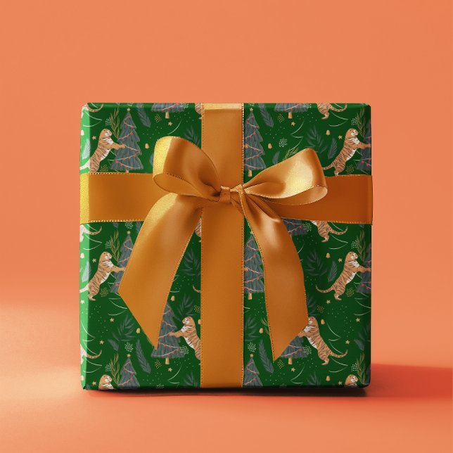 Papier Cadeau Arbres de Noël & tigres motif vert arrière - plan (Créateur téléchargé)