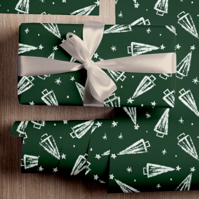 Papier Cadeau Arbres de Noël verts (Unique Christmas wrapping paper in green with white trees. Simple yet beautiful Christmas pattern.)