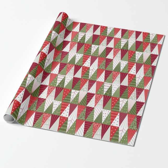 Papier Cadeau Arbres de Noël verts et rouges (Déroulé)