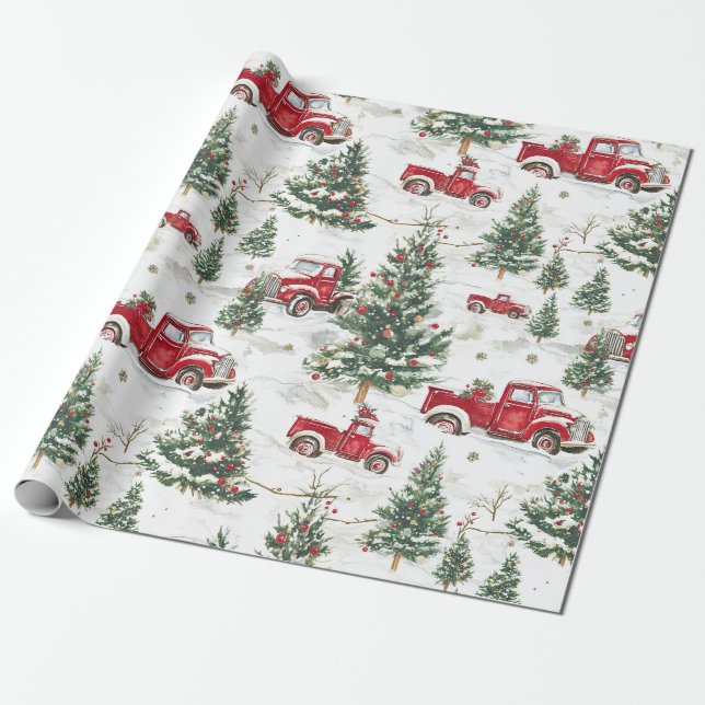 Papier Cadeau Arbres de Noël Vieux Camion Rouge (Déroulé)