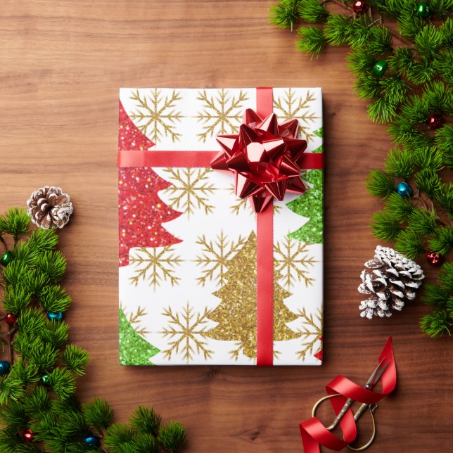 Papier Cadeau Arbres de parties scintillant de Noël et flocons d (Cadeau de vacances)