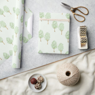 Papier Cadeau Arbres délicats à l'aquarelle sur fond vert clair