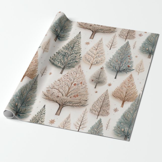 Papier Cadeau Arbres d'hiver - Forêt de vacances rustique (1) (Déroulé)