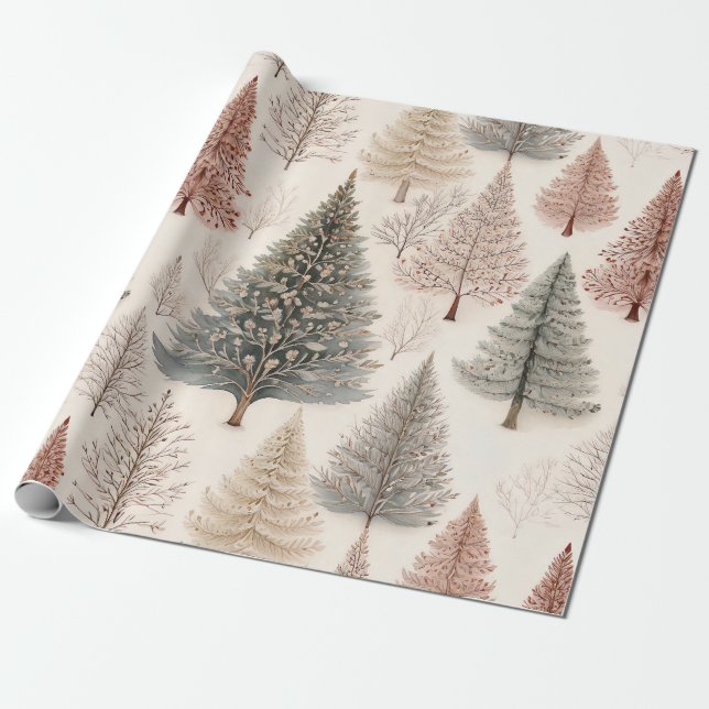 Papier Cadeau Arbres d'hiver - Forêt de vacances rustique (2) (Déroulé)