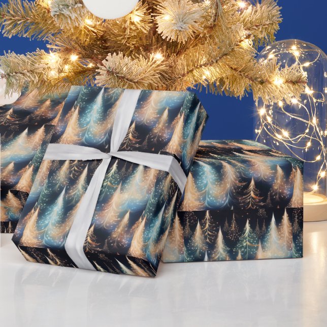 Papier Cadeau Arbres d'or bleu et blanc Noël moderne (Vacances)