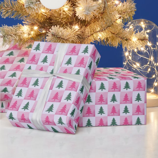 Papier Cadeau Arbres en damier rose et vert Noël moderne (Vacances)