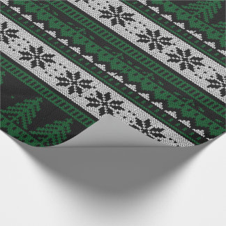 Papier Cadeau Arbres et flocons de neige noirs et blancs verts