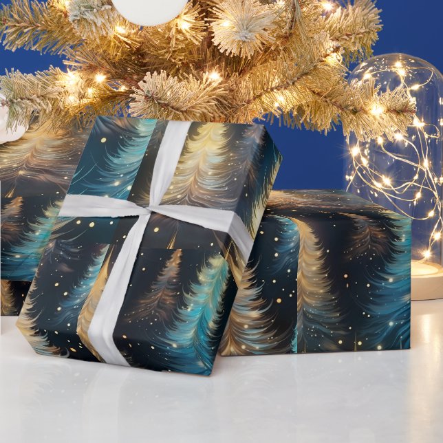 Papier Cadeau Arbres modernes de Noël bleu blanc or (Vacances)