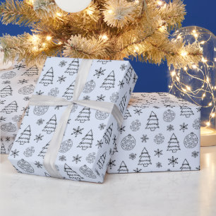 Papier Cadeau Arbres noirs et blancs Snowflakes Noël bleu