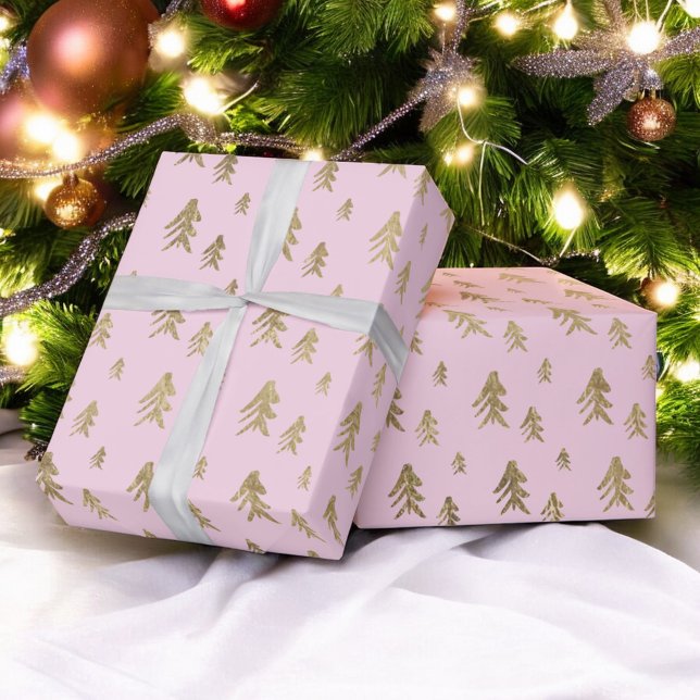 Papier Cadeau Arbres rose or illustration motif de noël (Gold pink trees illustration christmas pattern wrapping paper)