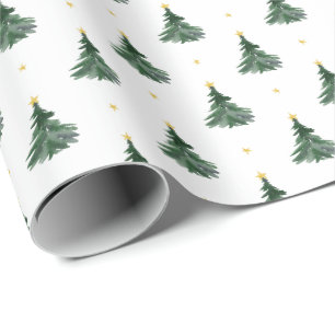 Papier Cadeau Arbres verts simples à l'aquarelle et étoiles doré