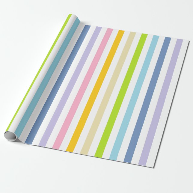 Papier Cadeau Arc-en-ciel en pastel vertical et rayures blanches (Déroulé)