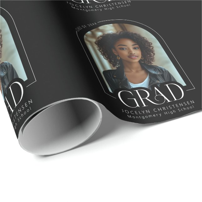 Papier Cadeau Arc noir blanc photo graduation personnalisée (Coin rond)