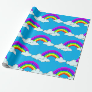 Papier Cadeau Arcs-en-ciel colorés et nuages sur bleu