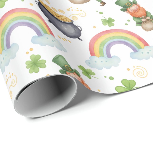 Papier Cadeau Arcs-en-ciel Trèfles Leprechauns St Patrick's Day  (Coin rond)