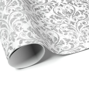 Papier Cadeau Argent Blanc Damask Gris Net Diamond délicat