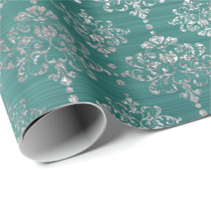Papier Cadeau Argent Damask Turquoise Aquatic Ocean Ornement Roy