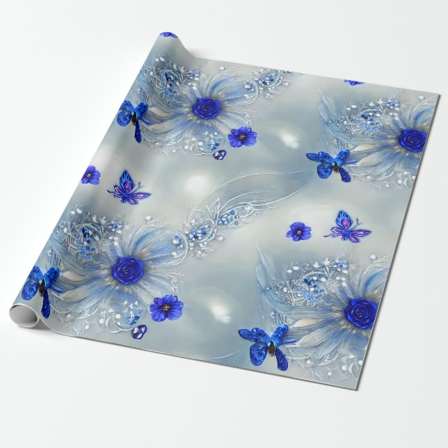 Papier Cadeau Argent élégant, bleu et gris floral et papillon (Déroulé)