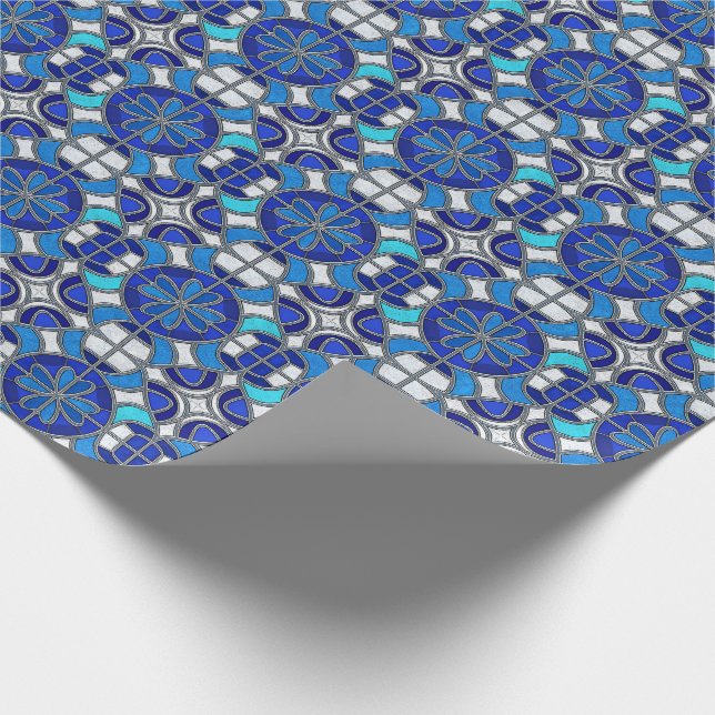 Papier Cadeau Argent Métallisé, Style Vitrail Teinté de Bleu (Coin)