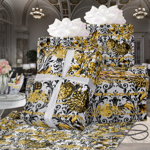 Papier Cadeau Argent Noir Floral Damask Acanthus Leaf