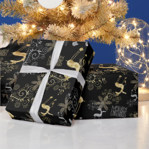 Papier Cadeau Argent & Or Reinder de Noël sur Noir