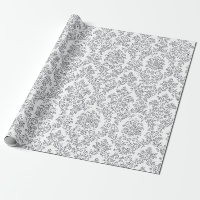 Papier Cadeau Argent Royal Floral Damask Blanc Grey Vip (Déroulé)