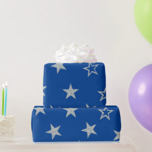 Papier Cadeau Argent Stars Bleu Simple