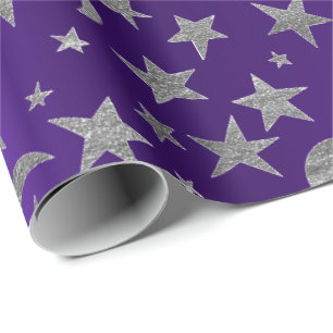 Papier Cadeau Argent Stars Lune Ciel Métallurgique Purple Améthy