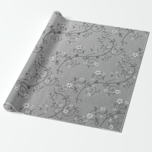 Papier cadeau argenté à vigne florale blanche