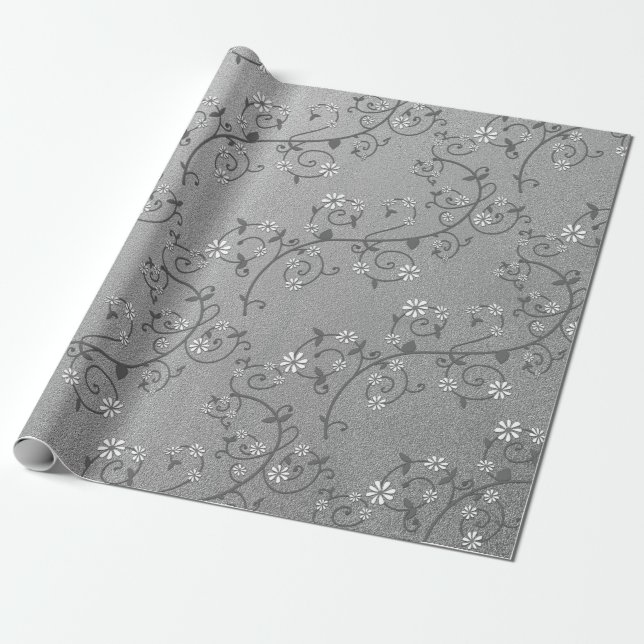 Papier cadeau argenté à vigne florale blanche (Déroulé)