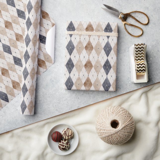 Papier Cadeau Argyle Bleu Crème Fête des Pères (Artisanat)