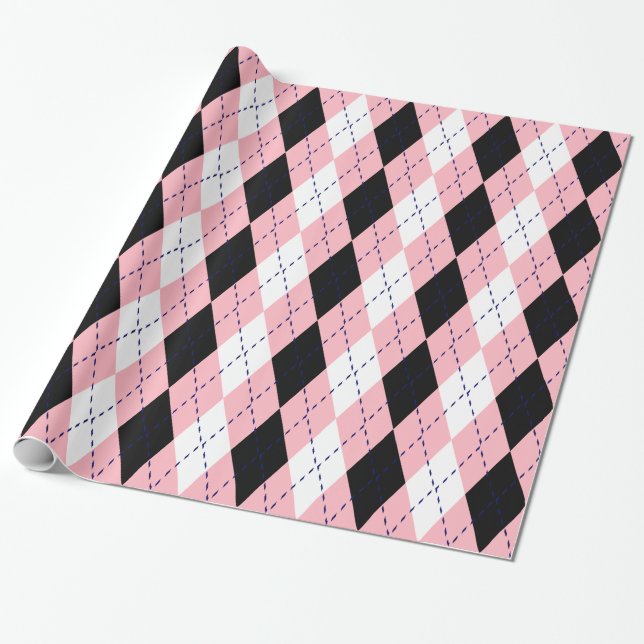 Papier Cadeau Argyle XL Rose Bleu Marine Blanc (Déroulé)