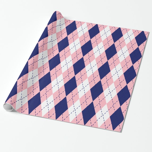 Papier Cadeau Argyle XL Rose Bleu Marine Blanc (Déroulé)