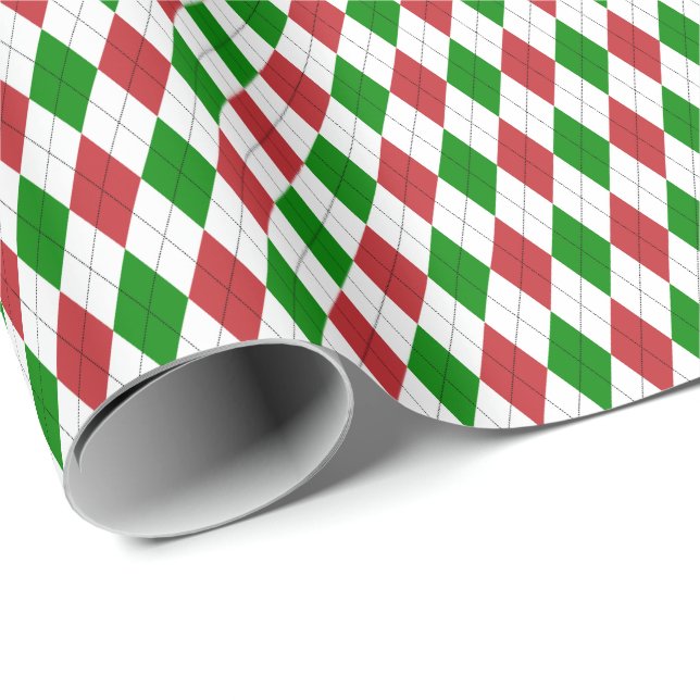 Papier cadeau argyllé rouge foncé, vert et blanc (Coin rond)