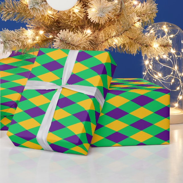 Papier Cadeau Arlequin DIY Couleurs Violet Vert Or (Vacances)