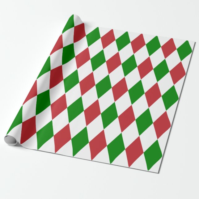 Papier Cadeau Arlequin très grand rouge foncé, vert et blanc (Déroulé)