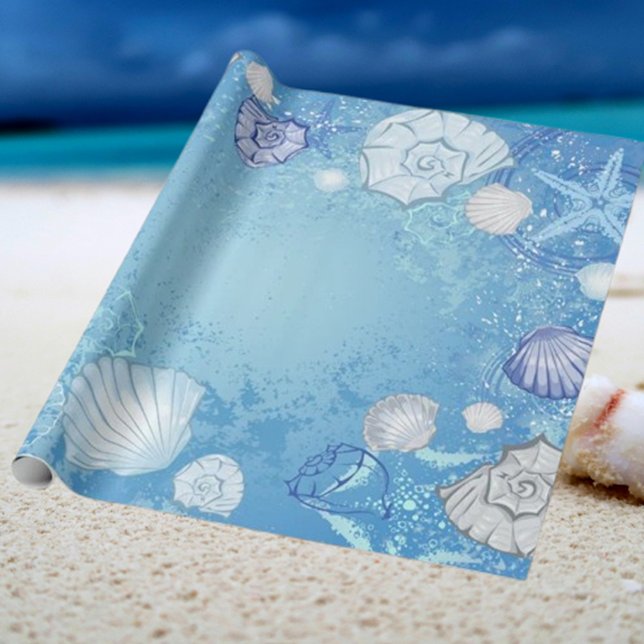 Papier Cadeau Arrière - plan bleu avec coquillages (Summer Celebrations with Our Beach Wrapping Paper!)