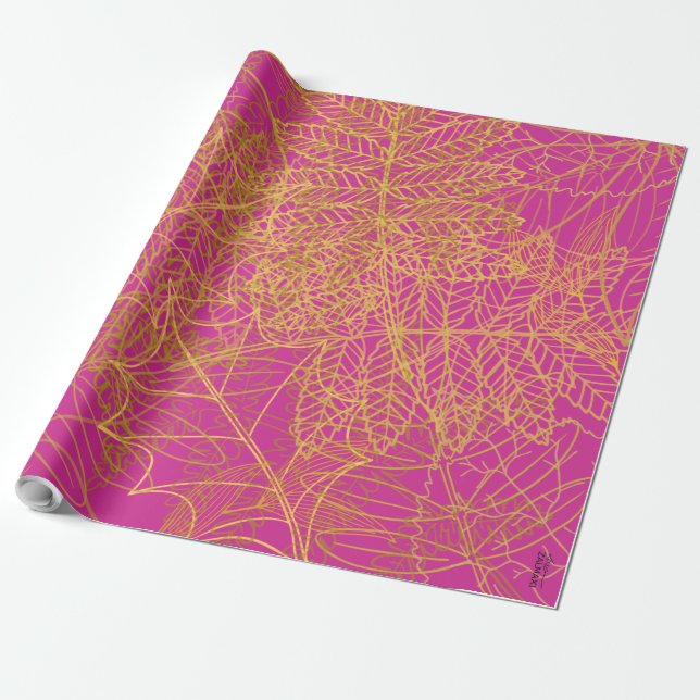 Papier Cadeau Arrière - plan classique de feuille d'or Fuchsia (Déroulé)