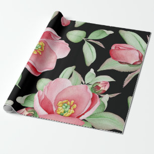 Papier Cadeau Arrière - plan noir floral d'aquarelle rose