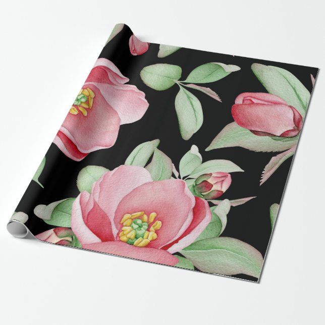 Papier Cadeau Arrière - plan noir floral d'aquarelle rose (Déroulé)