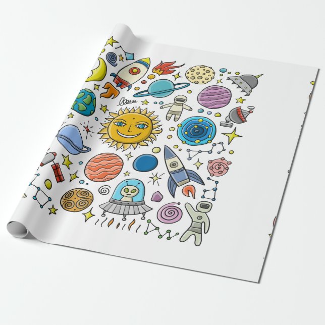 Papier Cadeau Arrière - plan spatial. Planètes du système solair (Déroulé)