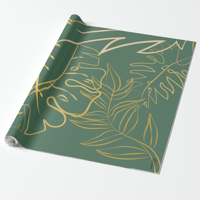 Papier Cadeau Arrière - plan vert feuille d'or chic (Déroulé)