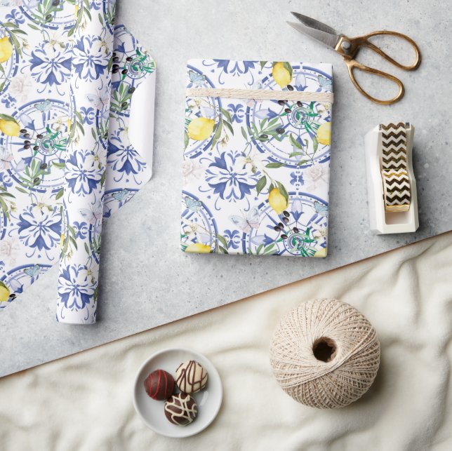 Papier Cadeau Arrondi, orné, tuile espagnole, méditerranéenne, c (Artisanat)