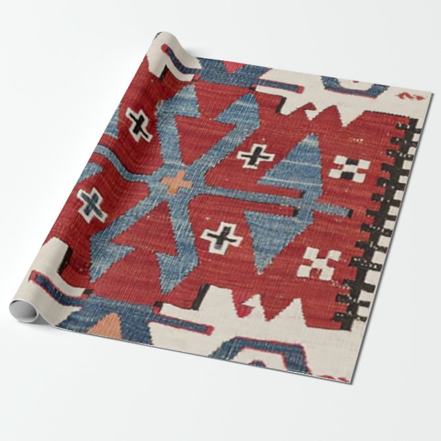 Papier Cadeau Arrow en Diamant Bleu Konya II 19e siècle Authenti (Déroulé)