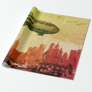 PAPIER CADEAU ART 1930'S BLIMP NEW YORK CITY SKYLINE VOTRE TEXTE