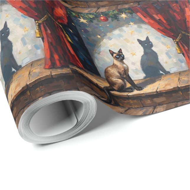 Papier Cadeau Art de marionnette chinoise de Noël de chat siamoi (Coin rond)