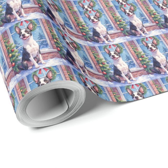 Papier Cadeau Art de Noël de Boston Terrier festif (Coin rond)