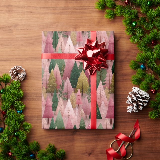 Papier Cadeau Art de Noël rose avec branches dorées (Cadeau de vacances)