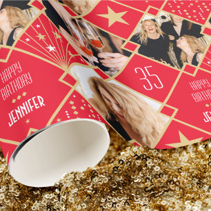 Papier Cadeau Art Déco Custom Age Nom & Photos Anniversaire Roug